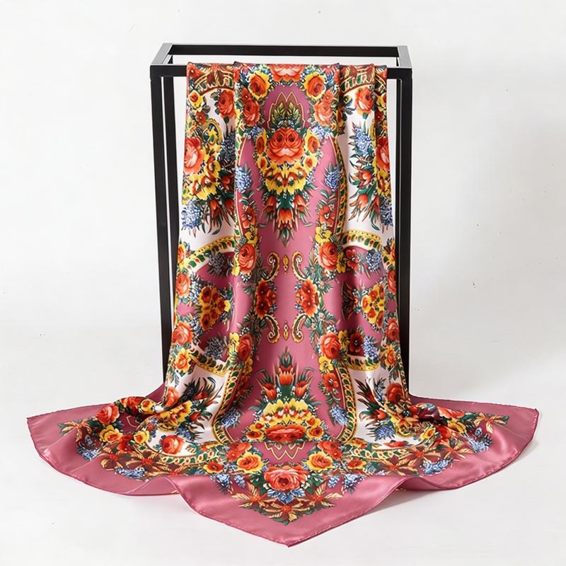 Luxury Satin Square Scarf Summer Women Hijab Bohemian Floral Pattern Bandana Breathable Neck Tie Headband Party Hair Accessory 90X90CM