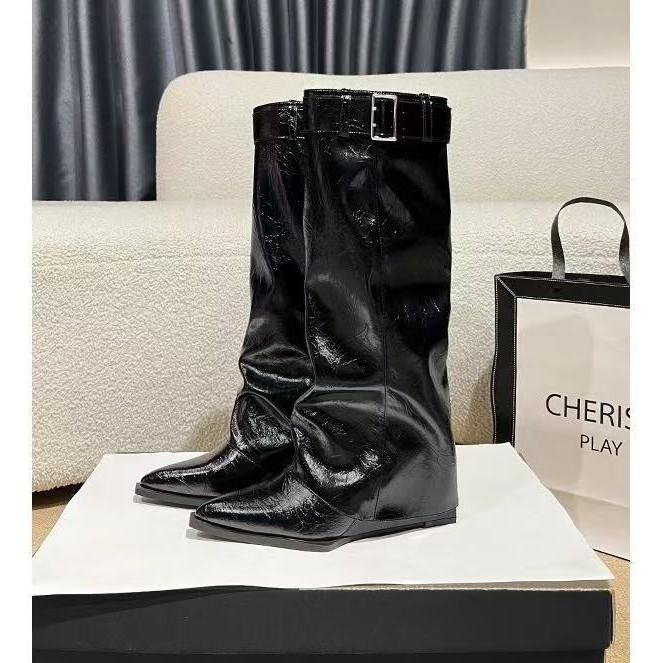 Sheepskin version~ Pointed Spice Girls Style White Boots Women's Belt Buckle Slope Heel Skinny Pants Boots Knight Boots