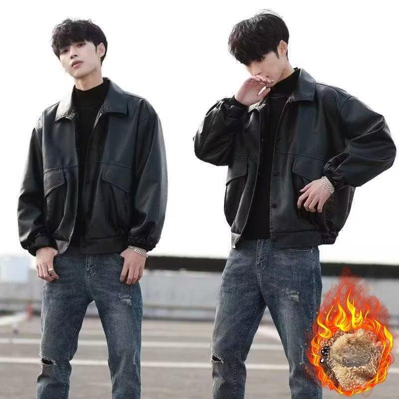 Trendy and Handsome Loose PU Leather Jacket Men's Motorcycle Suit Pilot Leather Jacket Student Spring and Autumn Jacket