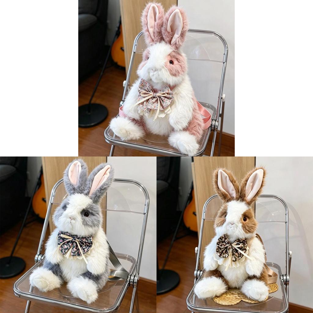Cute Bowknot Plush Rabbit Backpack Realistic Long Fur Bunny Doll Cartoon Stuffed Animal Bag