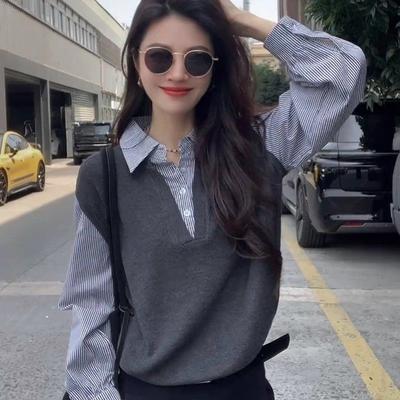 Eenvoudige Stijl Gebreide Patchwork Pullover Shirt voor Dames in de Winter, Nieuwe Stijl, Getailleerd, Flatteus, Stijlvol en Veelzijdig Topje.