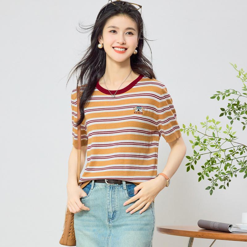 Round Neck Striped Shoulder Short-sleeved T-shirt for Women