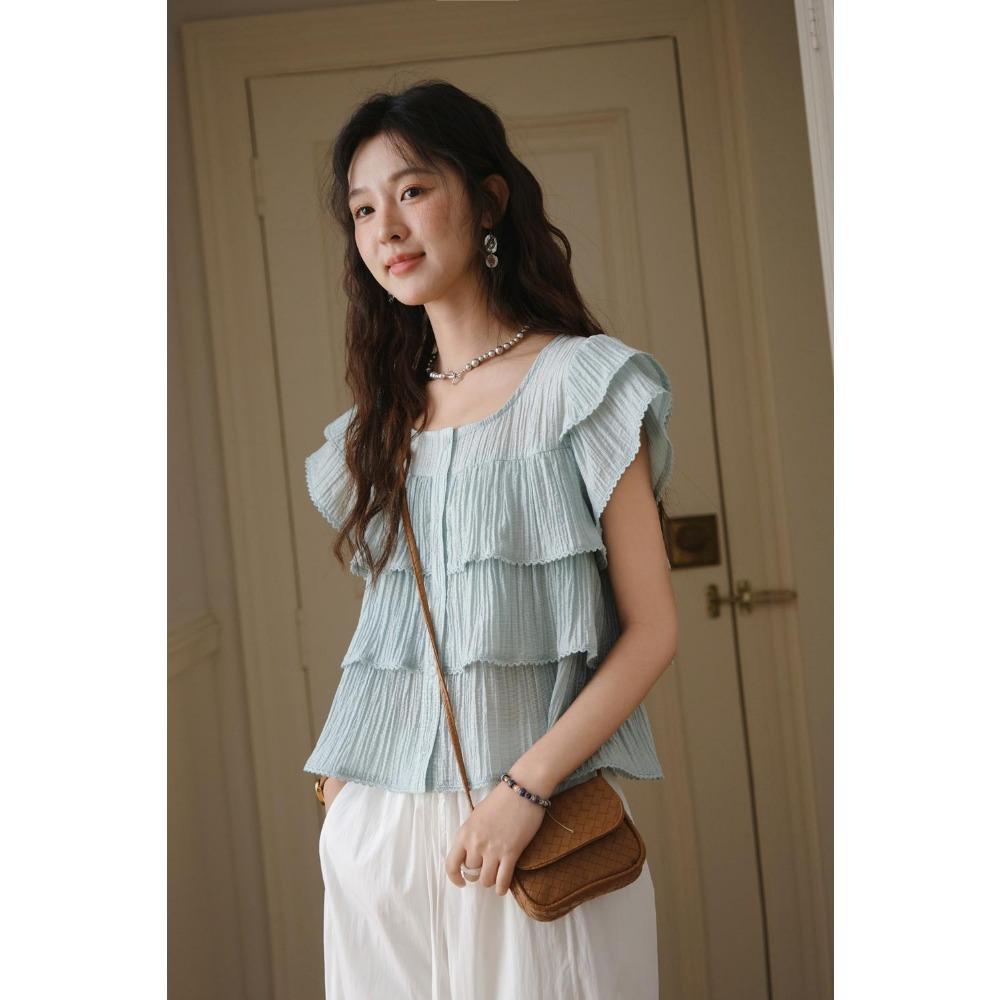 MISHOW Butterfly Sleeve Chiffon Shirt Women's 2025 Summer New Women's Clothing Retro Square Neck Button Casual Shirt MXD30X1488