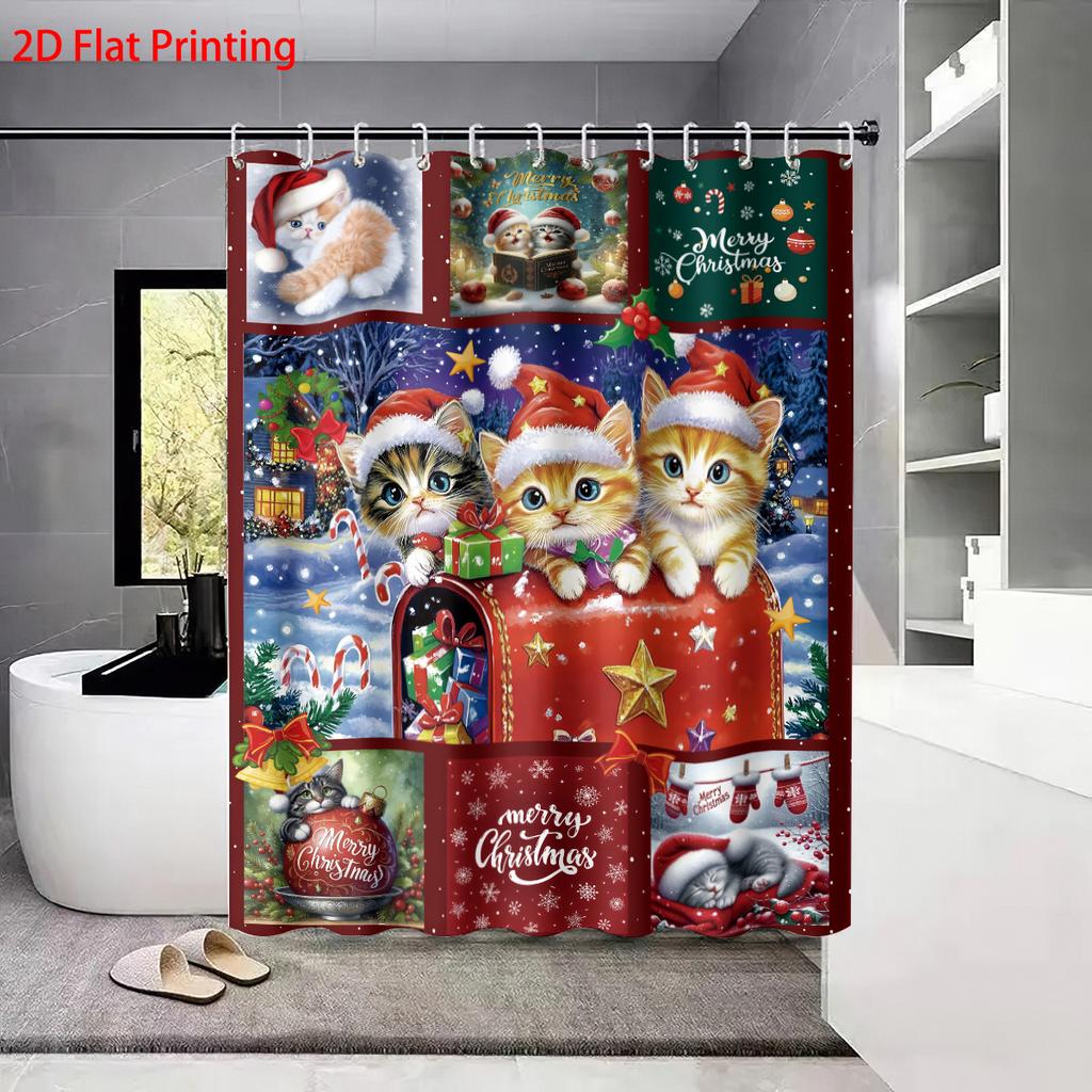 4pcs Christmas Cat Printed Bathroom Set 180x180 Waterproof Shower Curtain, Floor Mat, U-shaped Mat, and Toilet Mat