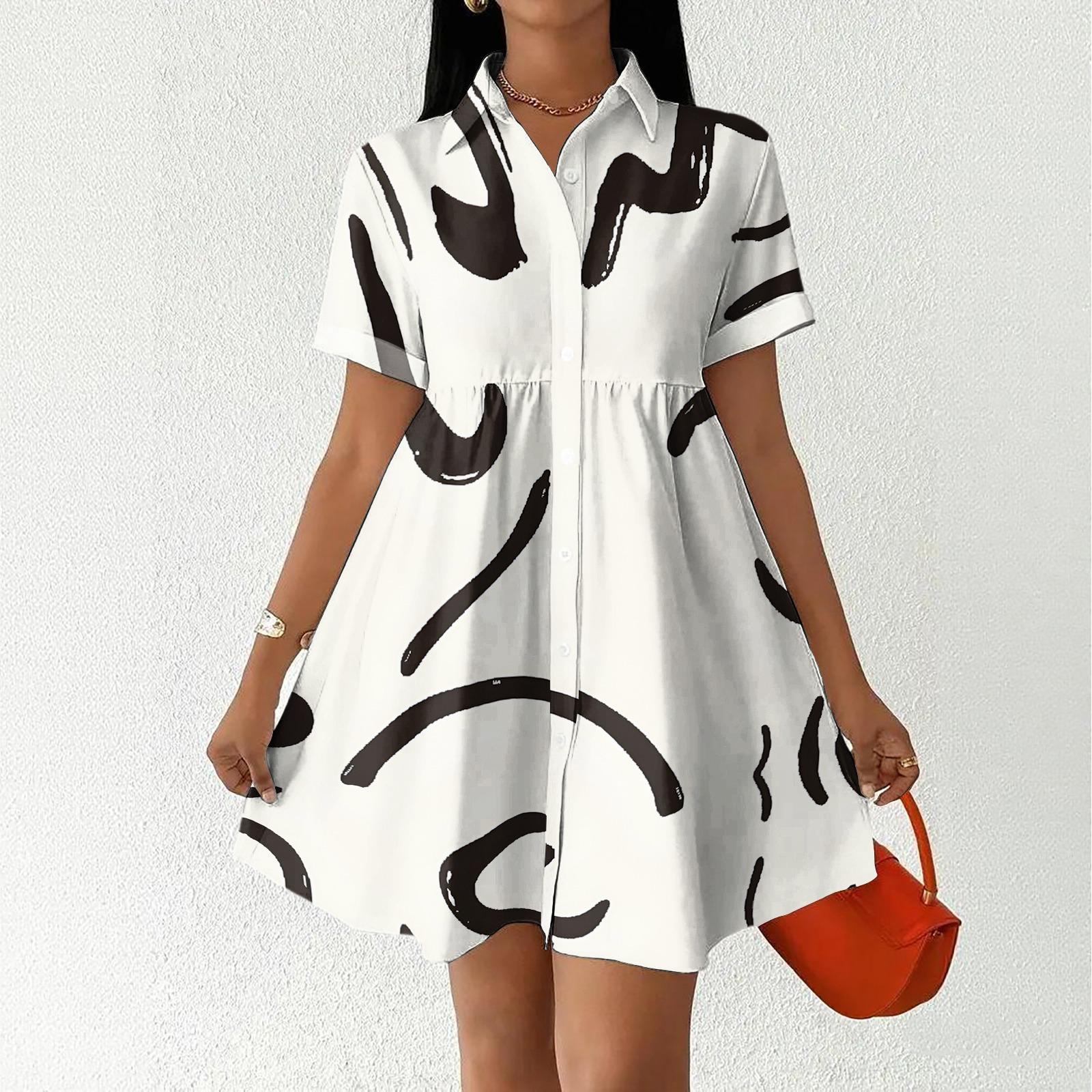 

Women’s Casual Loose Fit Shirt Dress with Button Stand Collar and Abstract Print Short Sleeve Relaxed Tunic Dress M чорний