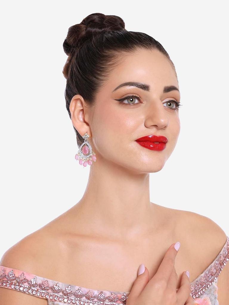 Set of 2 Turquoise Blue & Pink Kundan & Austrian Diamond Traditional Jhumki Earrings for Women -ZPFK16865, One Size, Metal, Artificial Stones & Pearls