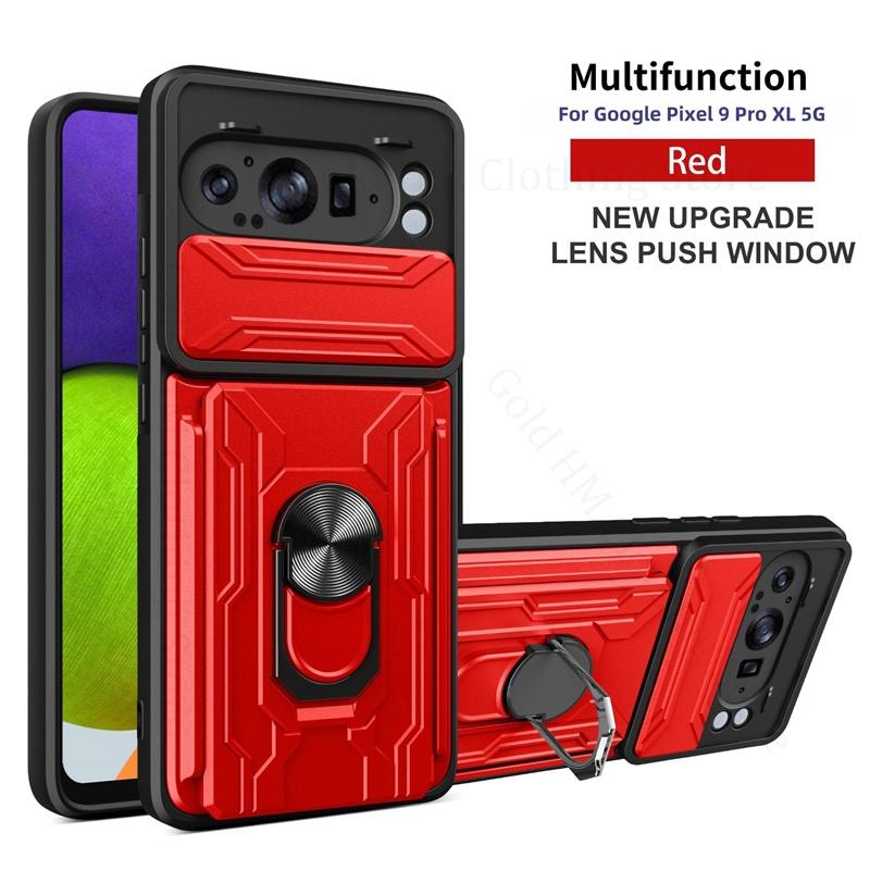 

Чехол для объектива камеры Push Window Heavy Duty для Google Pixel 9a 9 Pro XL, чехол-подставка со слотом для карт, чехол-кольцо для GOOGLE Pixel 9 Pro XL 8A, держатель для кольца на палец Pixel 9A красный