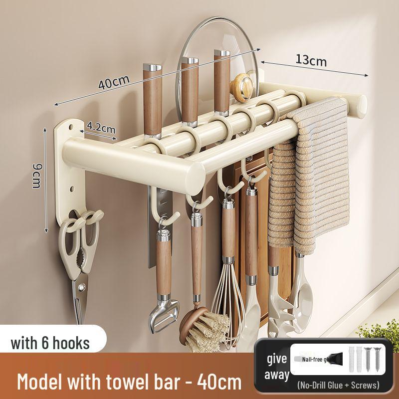 Stainless Steel Wall-Mounted Kitchen Hook & Pot Lid Rack with Knife Holder.