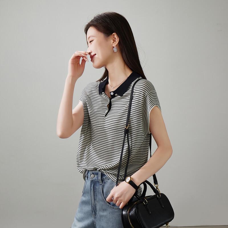 SOFSIL 2026 S/S Fashion Stripe Knit Short Sleeve Lapel Top L