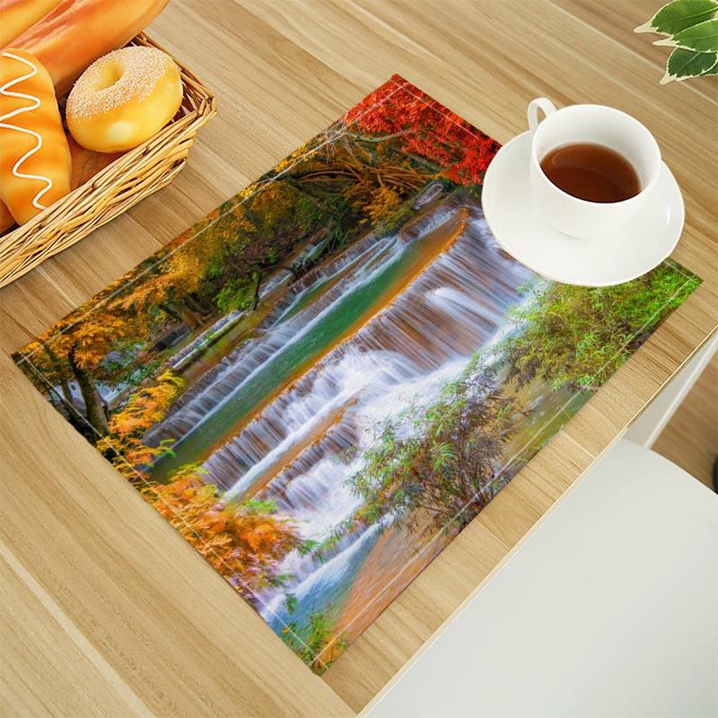 Natural Waterfall Print Linen Dining Table Mats Alphabet Kitchen Placemat 30X45cm Coasters Pads Bowl Cup Mat