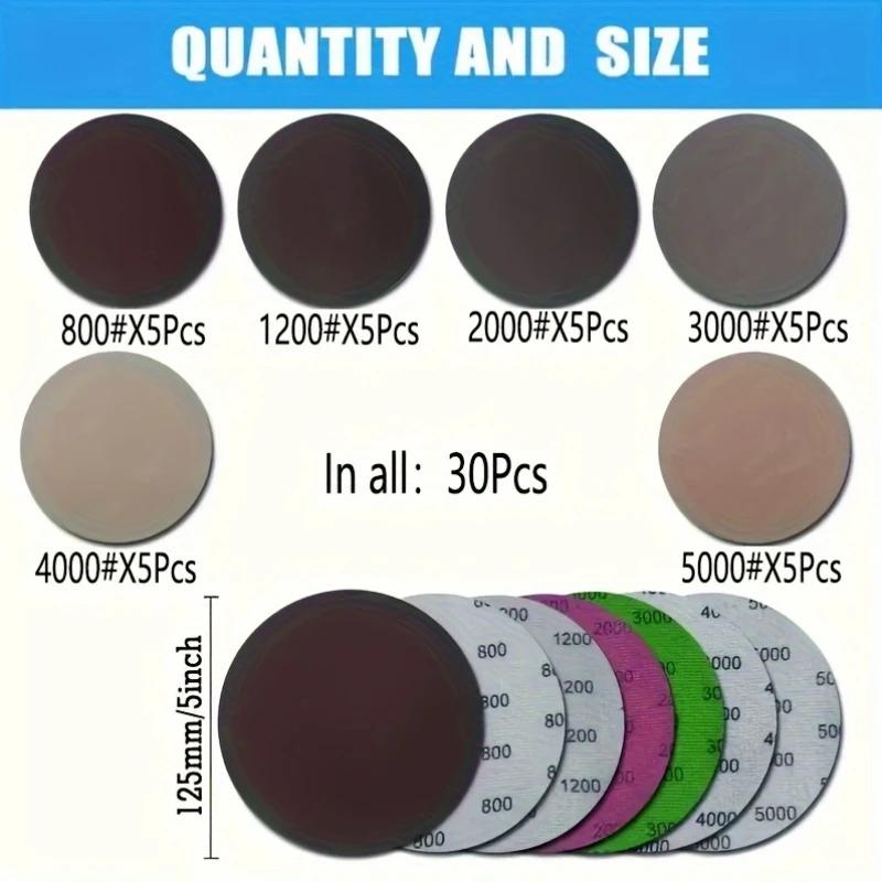 30PCS 125mm Wet/Dry Sandpaper Sheet - Grit 800-5000 - Hook and Loop Flannel Random Track Sand Plate Set for Electric Sand Mill A