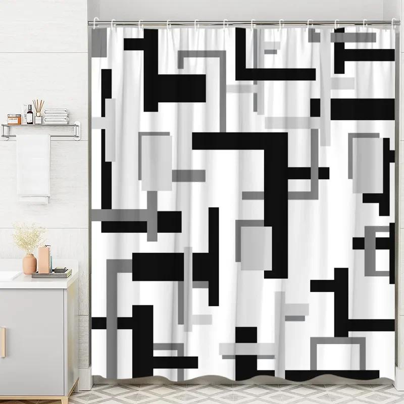 Moderní geometrická sprchová závěs s pruhovanými křivkami Černobílé čtverce Minimalistická neutrální dekorace do koupelny