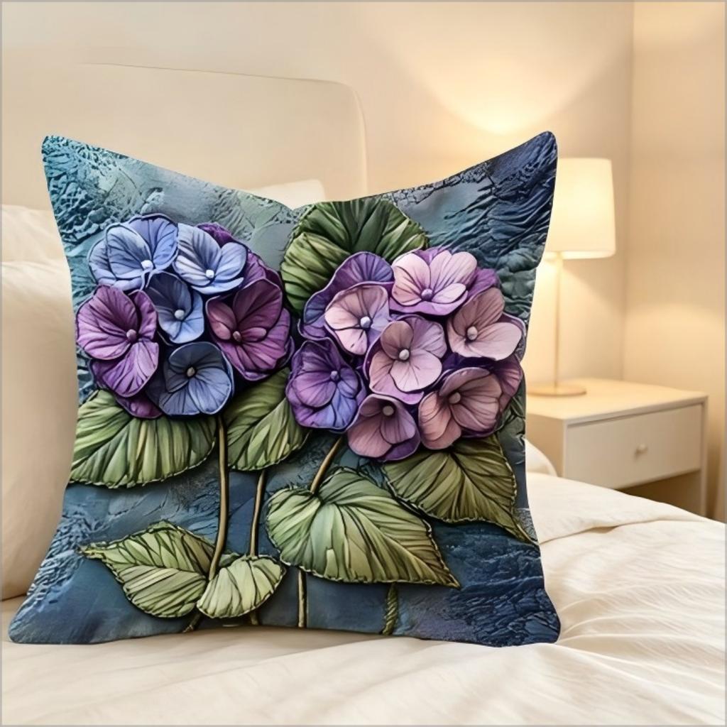 Purple Hydrangea Faux Embroidery Pillow Cover 2D Floral Print Cushion Case Boho Farmhouse Home Decor Gift