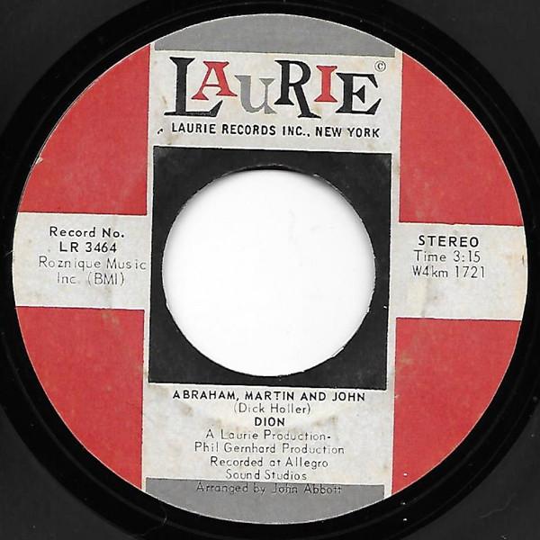 

7inch Record DION - Abraham, Martin And John / Daddy Ro LR3464 LAURIE 1968 US Rock Used