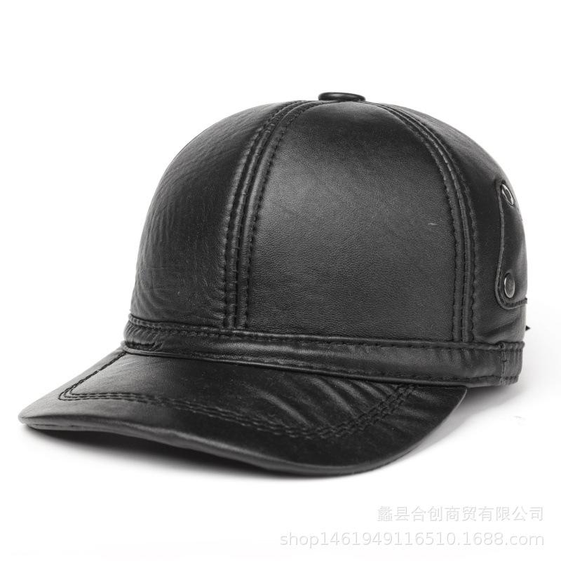 Korean Genuine Leather Cap - Autumn Winter Warm Cowhide Baseball Hat with Ear Flaps, Middle Aged Men Outdoor
