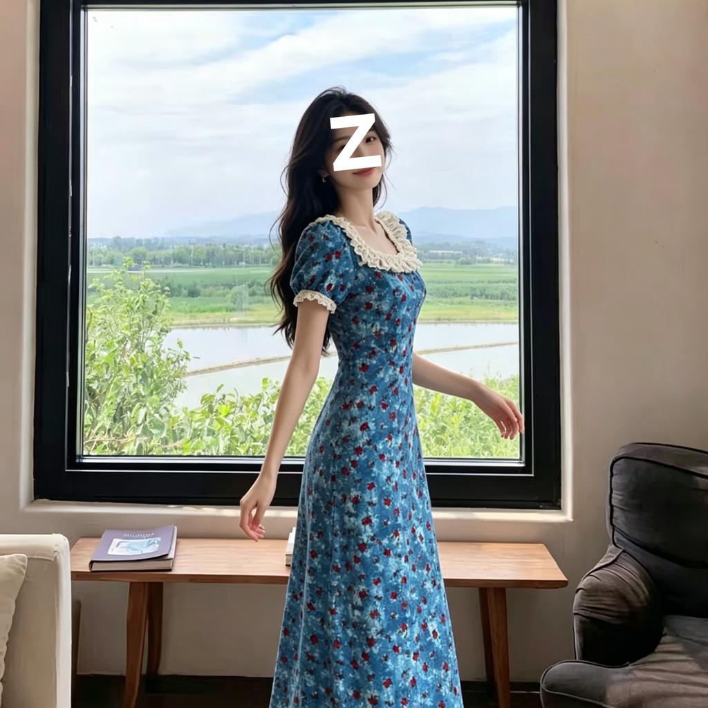 Hong Kong style blue background safflower floral dress lace square neck short sleeve high waist meat covering slim and thin retro atmosphere dress