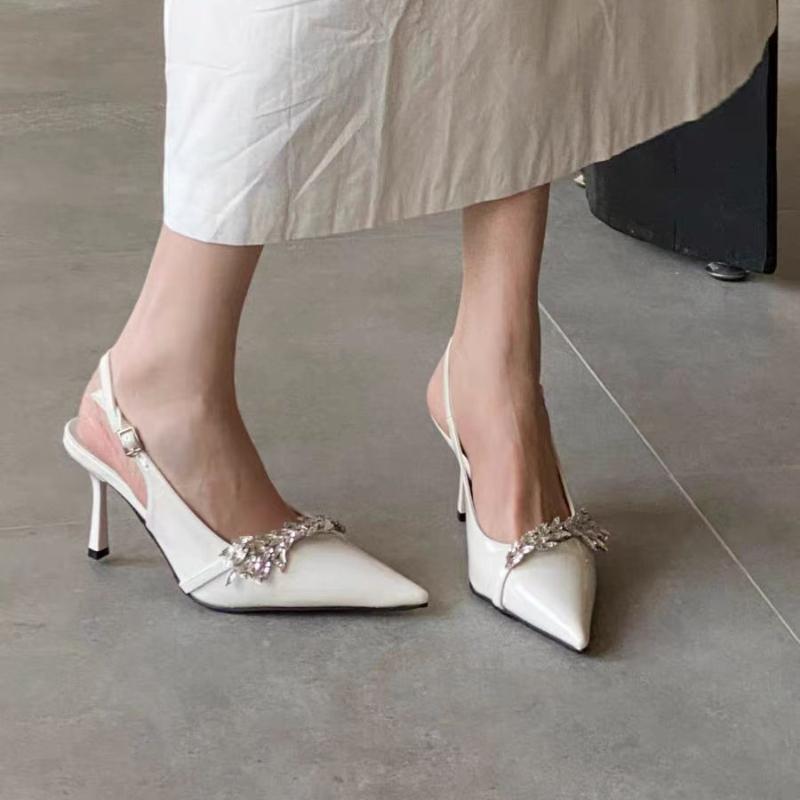 Fashion Spring 2025 Women's Pointed Toe High Heels Nude Leather -Notch Sexy Thin Heel Versatile Evening Sandals Diamond Embellished