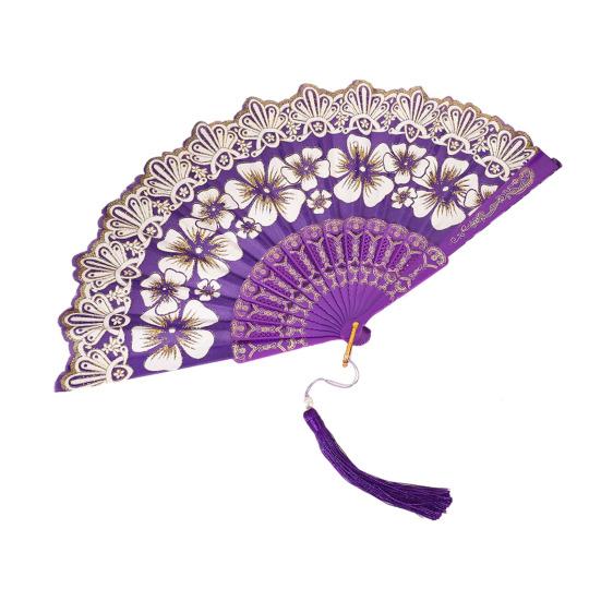 

Chinese Style Flower Folding Fan with Faux Pearl Tassel Portable Plastic Ribs Hand Fan Women Dance Performance Props Party Favors фиолетовый