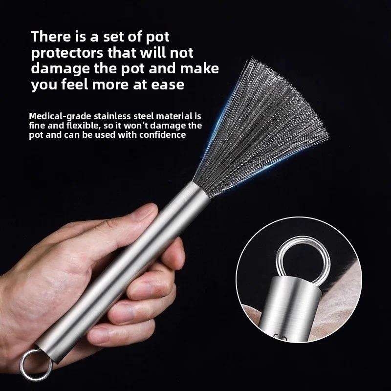 Stainless Steel Pot Brush with Long Handle Multi-functional Kitchen Cleaning Scrubber for Pans And Sink Includes Hanging Tool