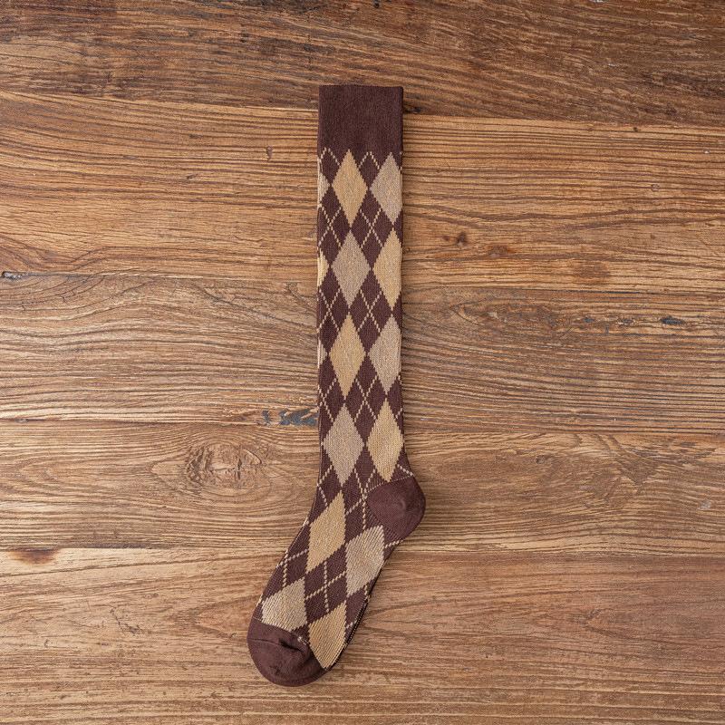 Vintage British Style Jk Calf Socks Women's Season Thickened Stockings Cotton Socks High Tube College Wind Rhombus Lattice Medium Tube Socks