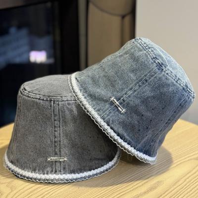 Japanese Lace Denim Bucket Hat for Women In Spring and Autumn Versatile Plain Fisherman Hat New Face Covering Niche Basin Hat