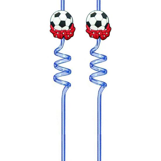 2Pcs Soccer Theme Spiral Straws, PET Reusable Curved Drinking Straws with Football Charm, World Mug Party Beverage Decor