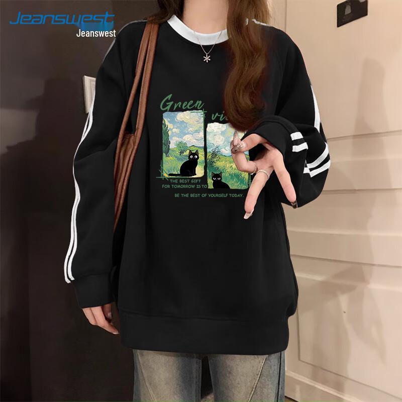 

JEANSWEST Women s Painted Cat Graphic Loose Fit Sweatshirt 2XL