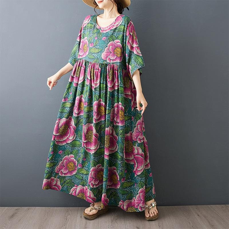 Short Sleeve Plus Size Cotton Vintage Floral New In Dresses for Women Casual Loose Long Summer Dress