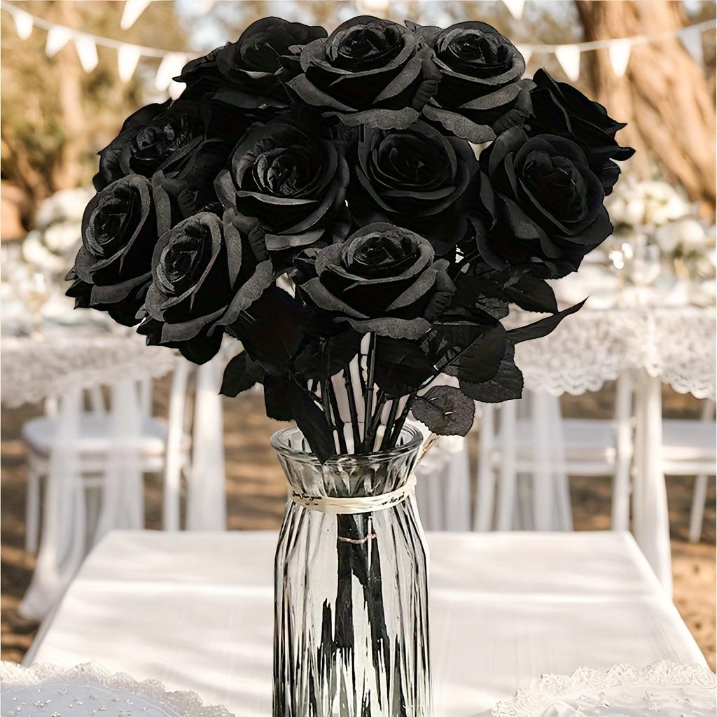 

5Pcs Artificial Flowers Black Roses Plastic Fake Flowers Long Stem Garden Office Home Decor Wedding Halloween Party Decoration 15pcs