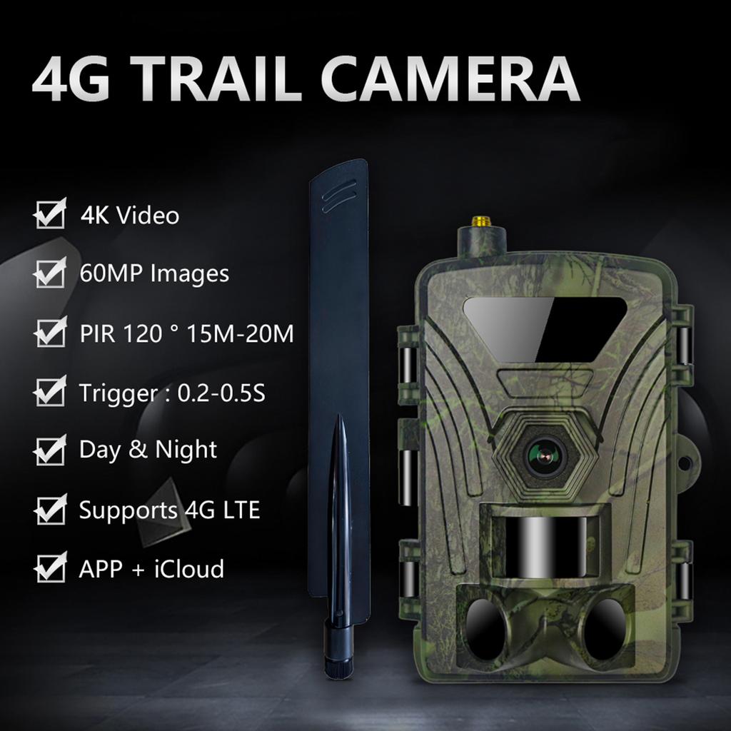 4G Trail Camera 8K Video 60MP Images PIR120°15M-20M Super-Fast Reflex Trigger Wildlife Camera with APP Cloud Storage Infrared