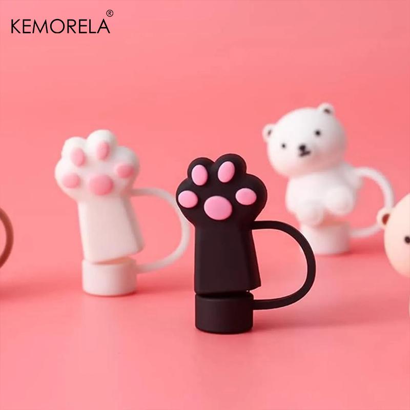 4PCS Cartoon Cute Cat Paw Straw Cap Straw Lids For Car Cups Silicone Straw Top Lids Reusable Silicone Soft Protector Cover