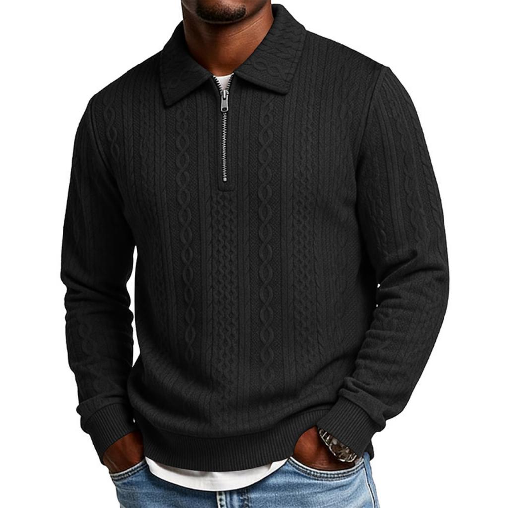 Men's Long Sleeve Jacquard Polo Shirt Half Zipper Collar Knit Sweater Pullover Casual Pullover Top