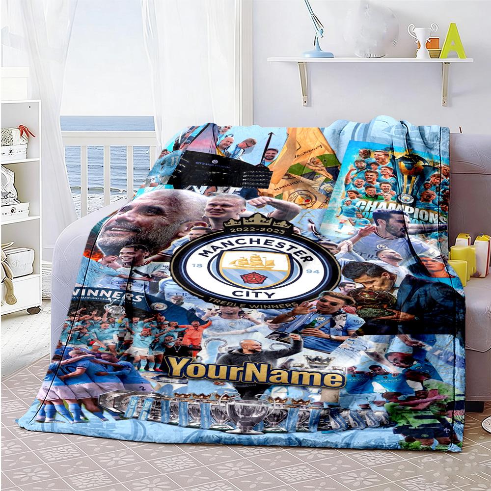 Manchester City Personalized Name Blanket Multi-purpose Customizable Blanket Soft Warm Cozy Perfect for Seaside Bed Home Decor Office Chair