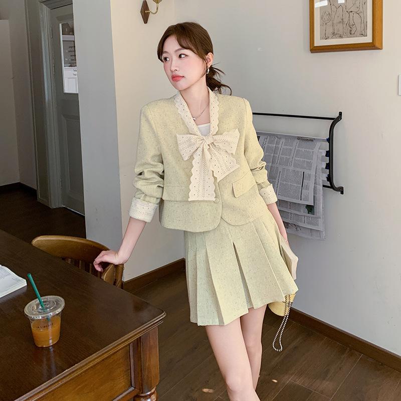 

Желтый ретро костюм с бантом, юбка-костюм, женский весенне-осенний новый дизайн, плиссированная короткая юбка, комплект из двух предметов XL