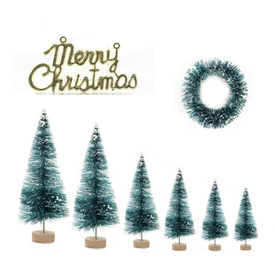 Mini-Weihnachtsbaum-Set, künstliche Flaschenbürstenbäume mit Holzsockel, Weihnachtsbaumfigur aus Kunststoff für den Schreibtisch, für die Dekoration zu Hause, im Büro, bei Partys