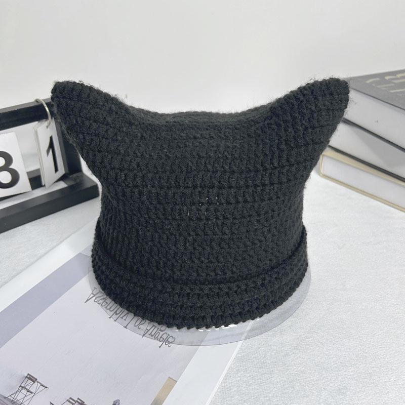 Autumn-Winter Striped Woolen Hat with Cute Cat Ears - Fashionable, Versatile Devil Design.