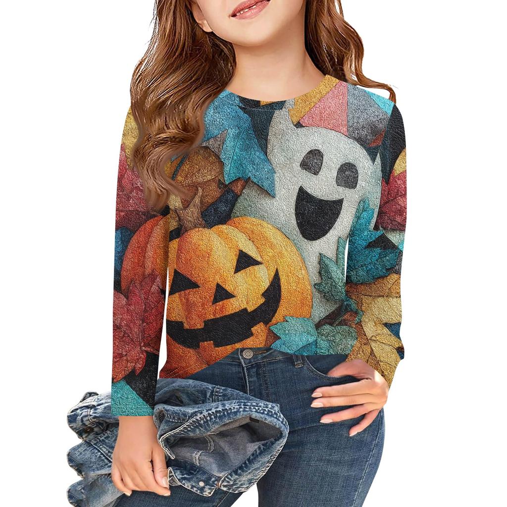 Girls Long Sleeve T Shirts Kids Fall Tops Crewneck Halloween Printed Basic Tees 3-9Y