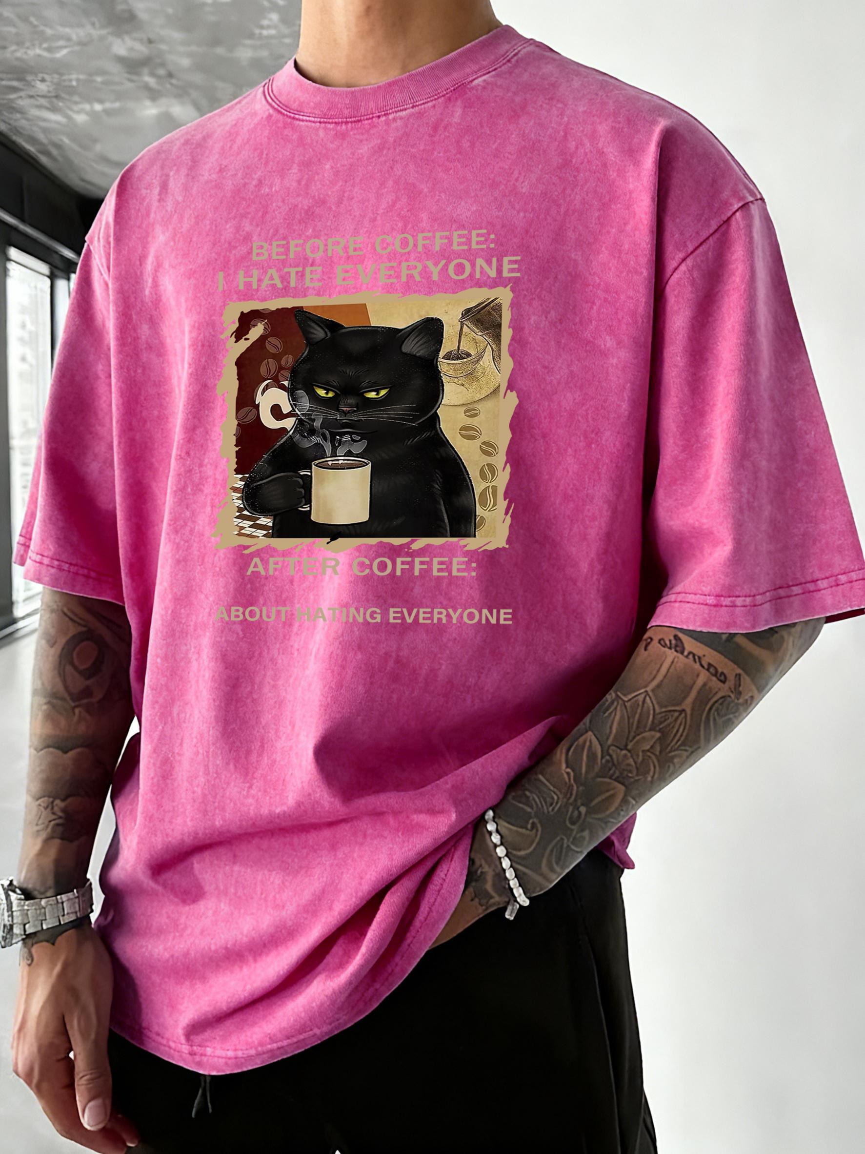 

Cats Love To Drink Coffee Print Men Washed TShirt Casual Loose T Shirts Summer Cotton Streetwear Soft Breathable Short Sleeve S