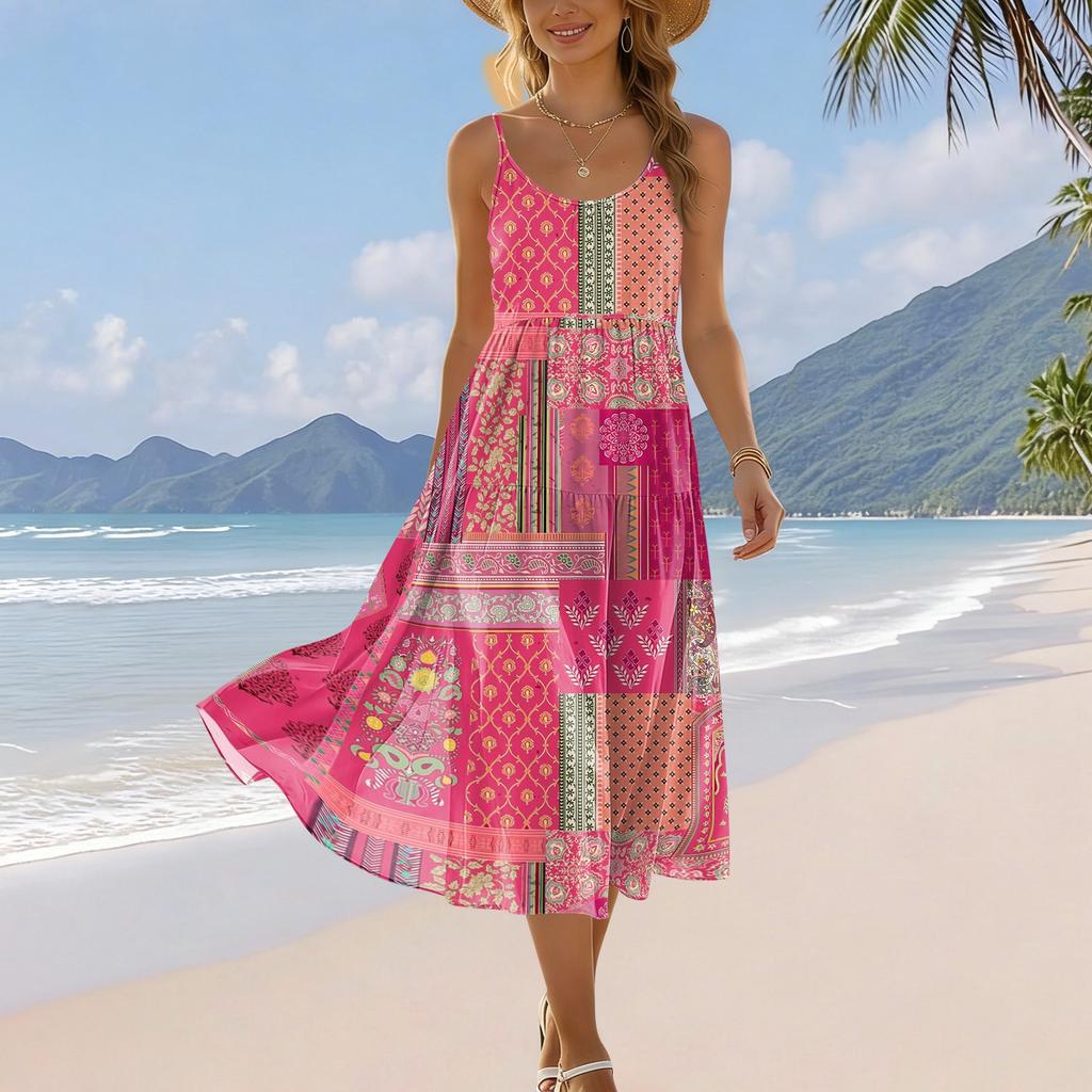 Women's Summer Fashion Printed Pocket Adjustable Shoulder Strap Bohemian Leisure Beach Resort Strap Dress