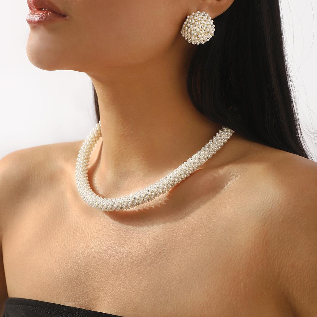 French Temperament Elegant Pearl Earrings Necklace, Banquet Wedding Bridal Jewelry Set