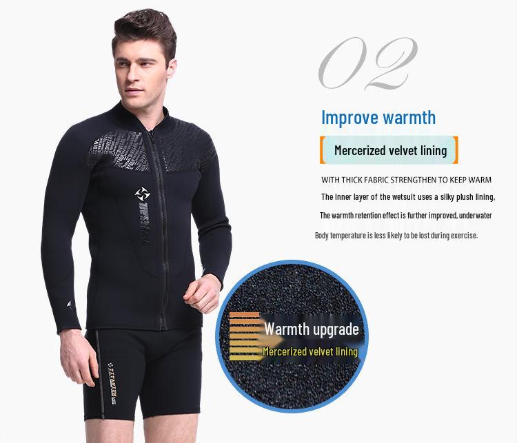 Men's 3mm Neoprene Cold-Proof Long Sleeve Diving Wetsuit Top with Front Zip