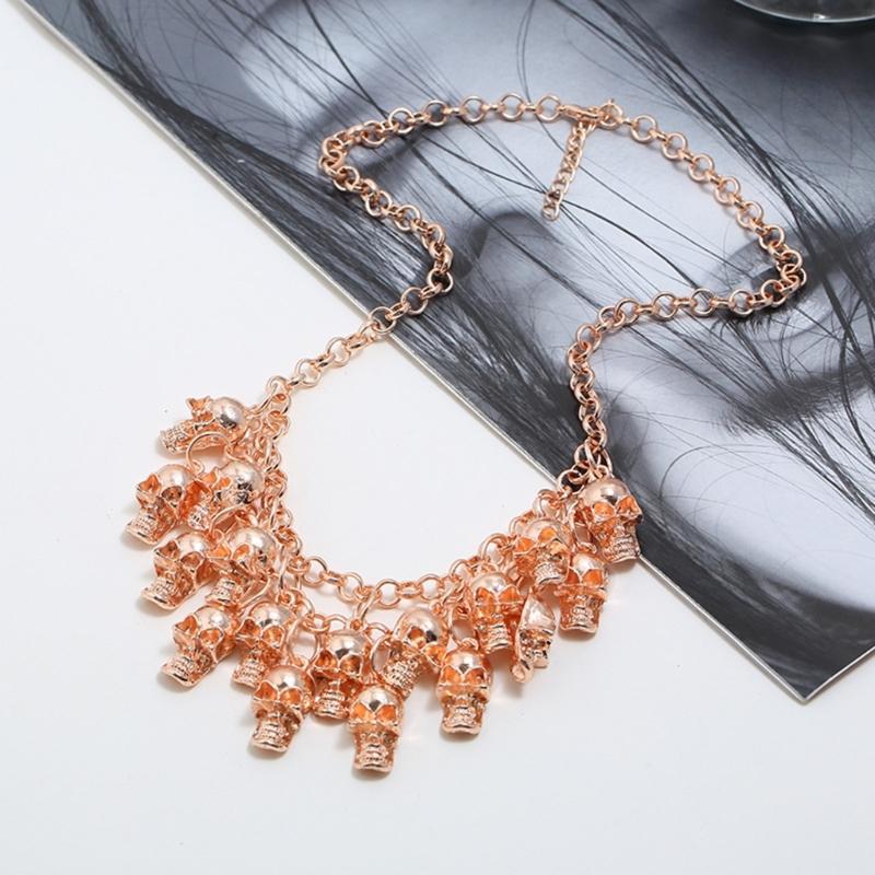 Punk Halloween Skull Necklace Statement Chain Jewelry with Front Drape and Alloy Finish for Concert and Party Outfits Daily