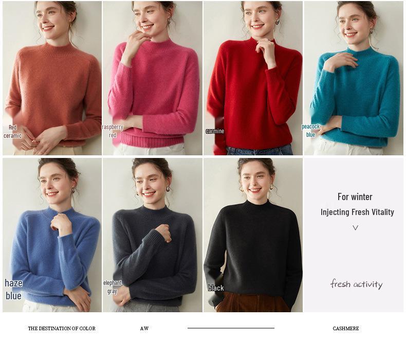 Women's Soft Cashmere Sweater, Half-High Neck, 2025 Autumn/Winter, Thick Double-Ply Knit, Versatile Layer.