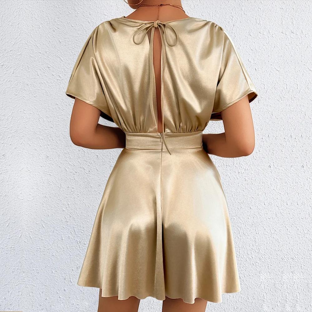Low Cut V Neck Sexy Fashionable Dress Elegant Waist Cinched Summer New Arrival Women's Clothing Short Sleeveless Dress
