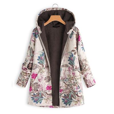 Ladies Long Sleeve Zipper Hooded Thick Composite Plush Vintage Flower Print Plus Size Hooded Jacket