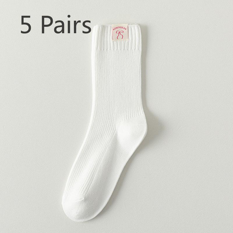 5 Pairs Socks Autumn Women's Cream Double Needle Thickened Pile Socks Bowknot Cloth Label Tide Socks