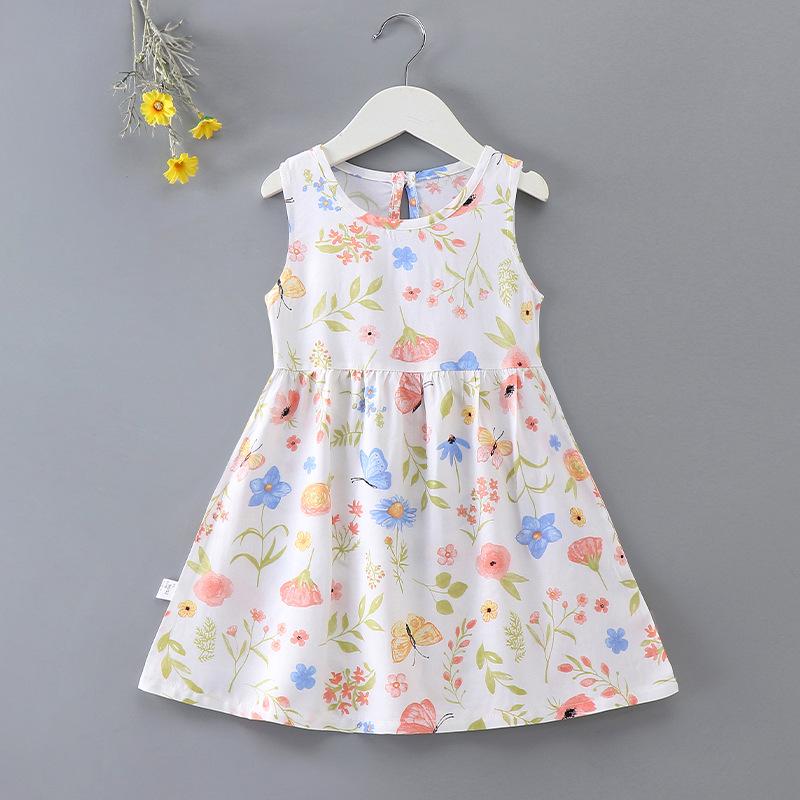 Girls' Floral Summer Princess Beach Dress, Cotton Silk Tank, A-line Skirt