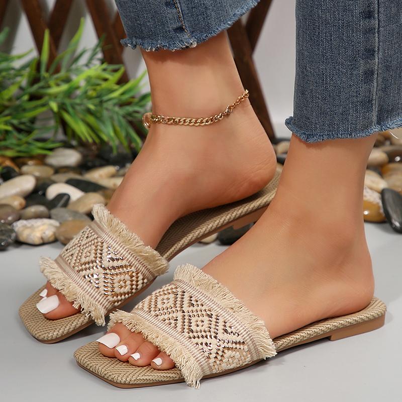 Mode Mode Kwast Platte Slippers voor Dames Zomer Boheemse Stijl Vierkante Open Teen Slides Vrouw Lichtgewicht Anti-slip Strand Slippers