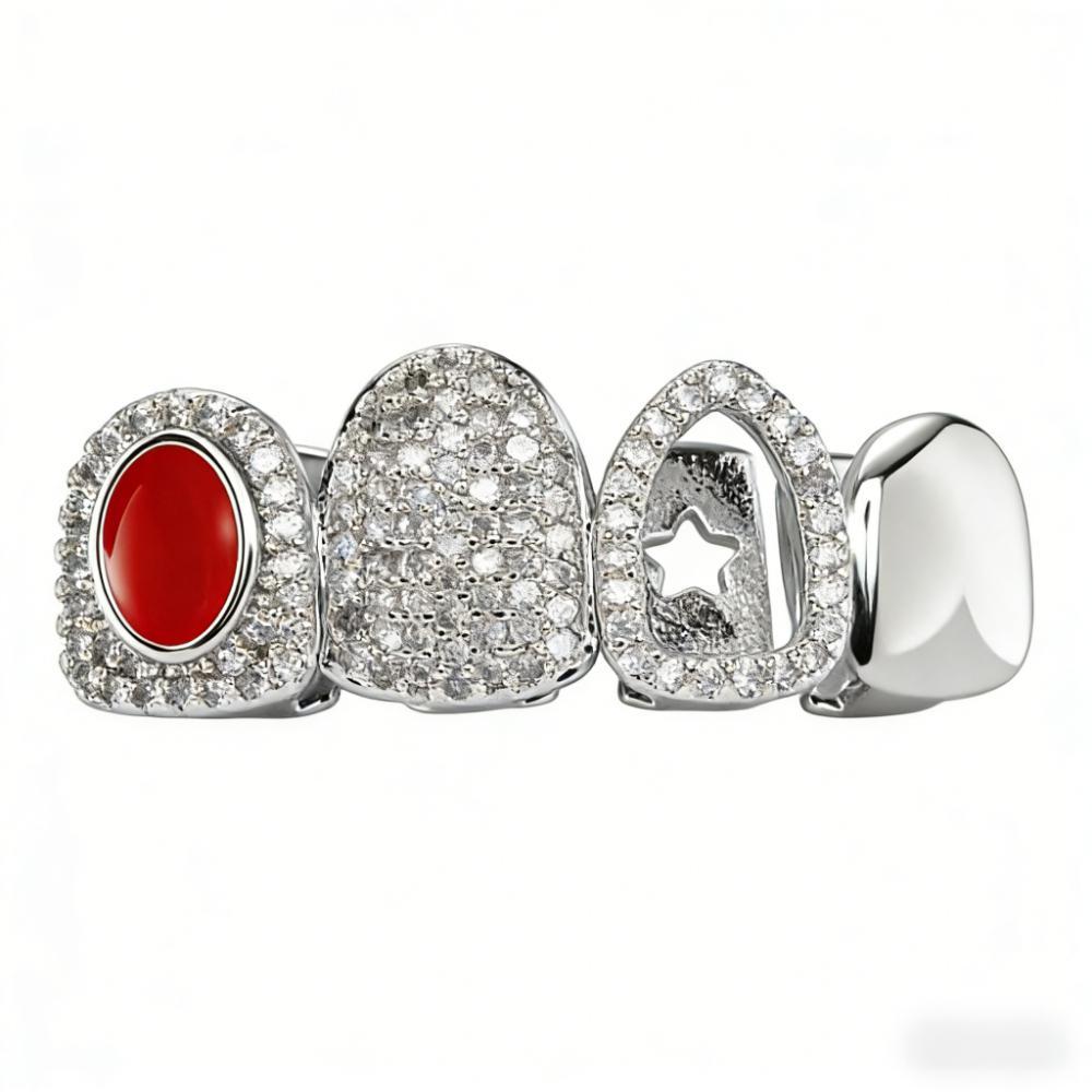 Hot Selling Hip-hop Red with 4 Teeth sharp Teeth Vampire Personality Electroplated Brass Zircon Gold Grills Party Gifts