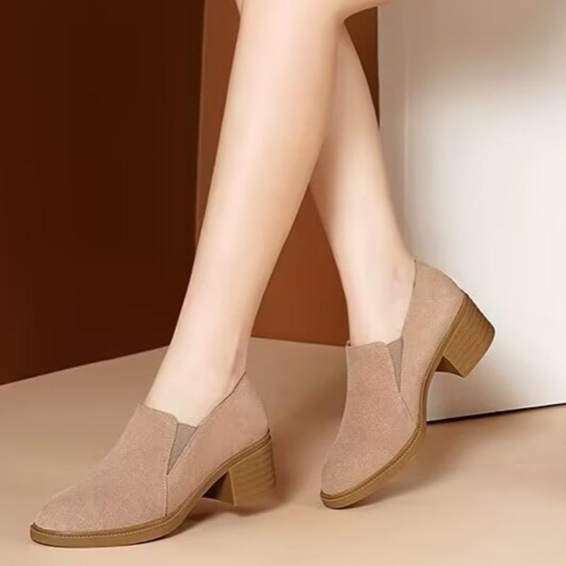 Women's Suede Block Heel Single Shoes Autumn New Round Toe Deep Mouth Slip-on Non-Slip Kitten Heels